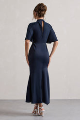 Navy High-Neck Flutter-Sleeve Asymmetric Maxi Dress